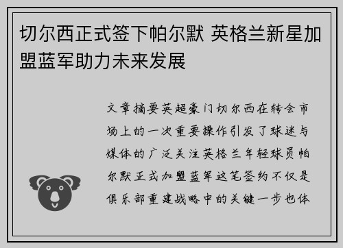 切尔西正式签下帕尔默 英格兰新星加盟蓝军助力未来发展