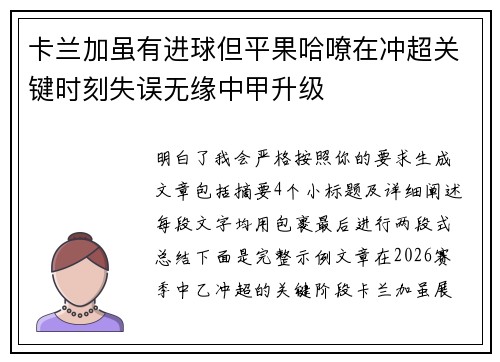 卡兰加虽有进球但平果哈嘹在冲超关键时刻失误无缘中甲升级 卡兰加虽有进球但平果哈嘹在冲超关键时刻失误无缘中甲升级