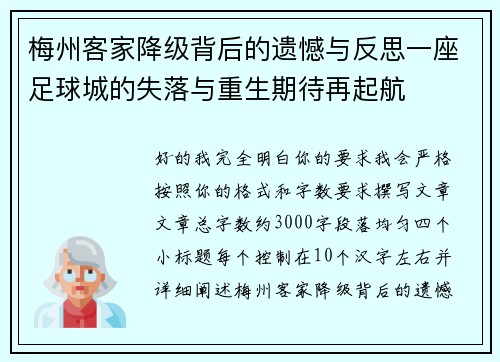 梅州客家降级背后的遗憾与反思一座足球城的失落与重生期待再起航 梅州客家降级背后的遗憾与反思一座足球城的失落与重生期待再起航